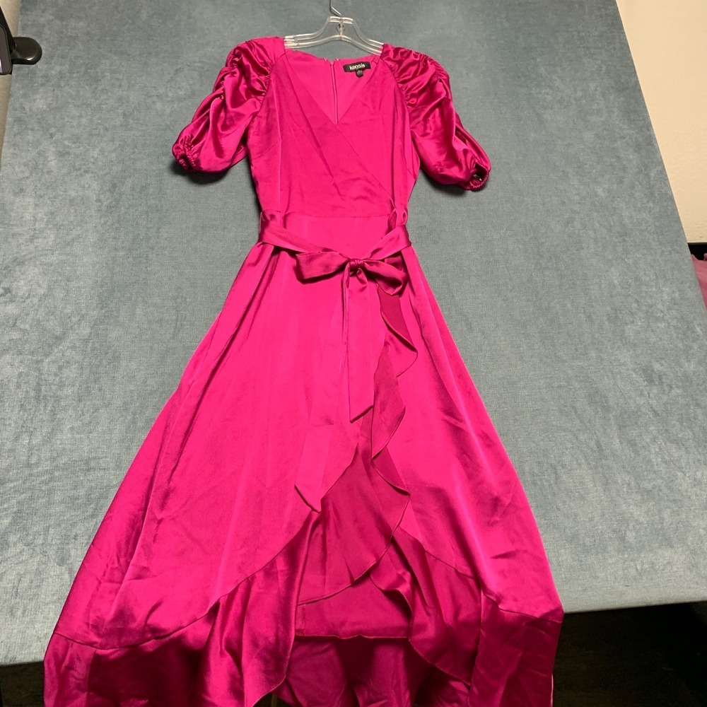 Kensie Faux Wrap Dress Womens 6 Hot Pink Ruched Sleeves Ruffled Hem‎ Tie waist